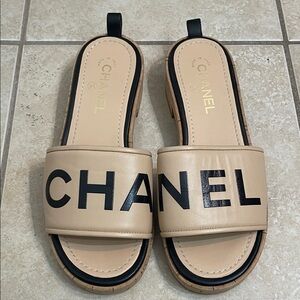 CHANEL Beige Leather Logo Cork Slide Sandals